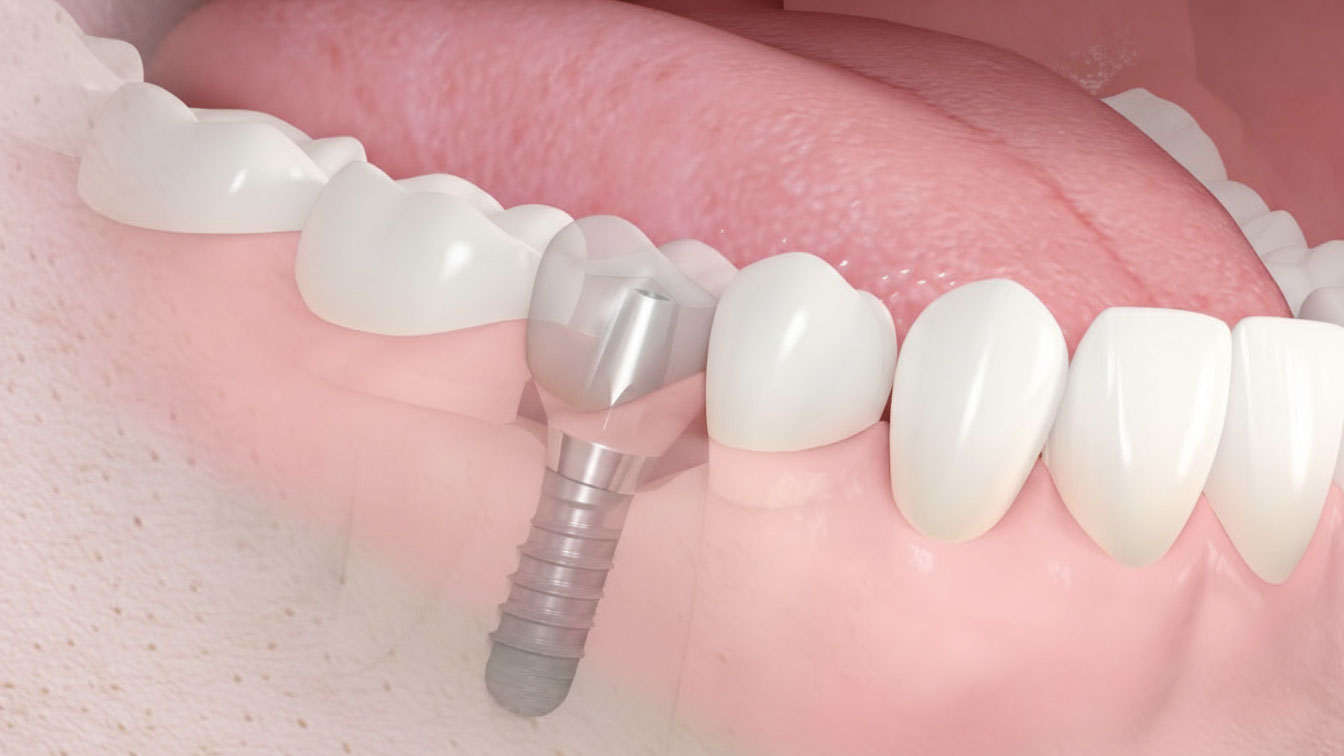 Das Implantat ist eine im Kieferknochen fest integrierte künstliche Zahnwurzel, welche die künstliche Zahnkrone, Brücke oder Prothese trägt.